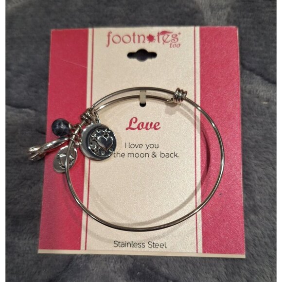 NWT Footnotes Too Stainless Steel Bangle Bracelet With Charms "I Love You To The - Picture 2 of 5